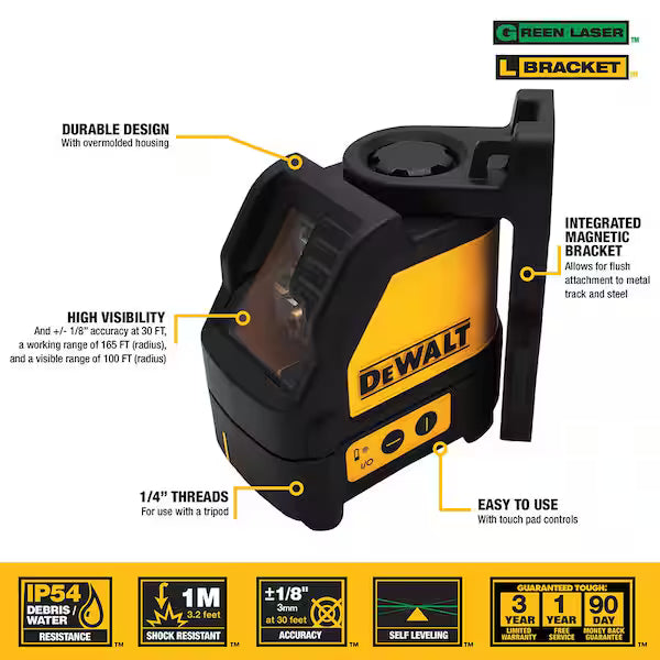 DEWALT Green Cross Line Laser 165' Range DW088CG-QU