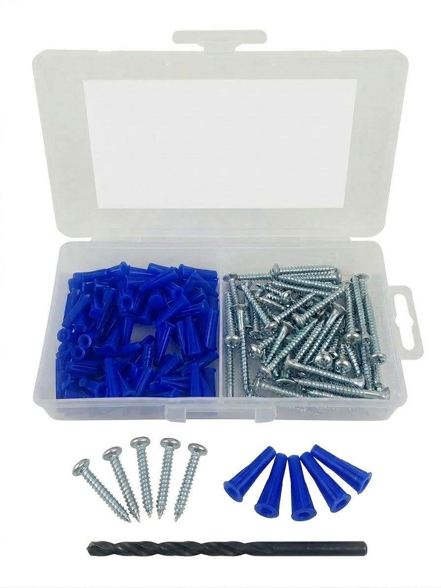 [1 KIT] Conical Plastic Anchor Kit (100 Pieces) with Drill Bit #10-12 X 1