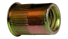 [1000 BULK] Rivet Nuts Flat Head Ribbed Threaded Inserts Large Flange Open End Steel Zinc Yellow Dichromate Plated 1/4-20-.165