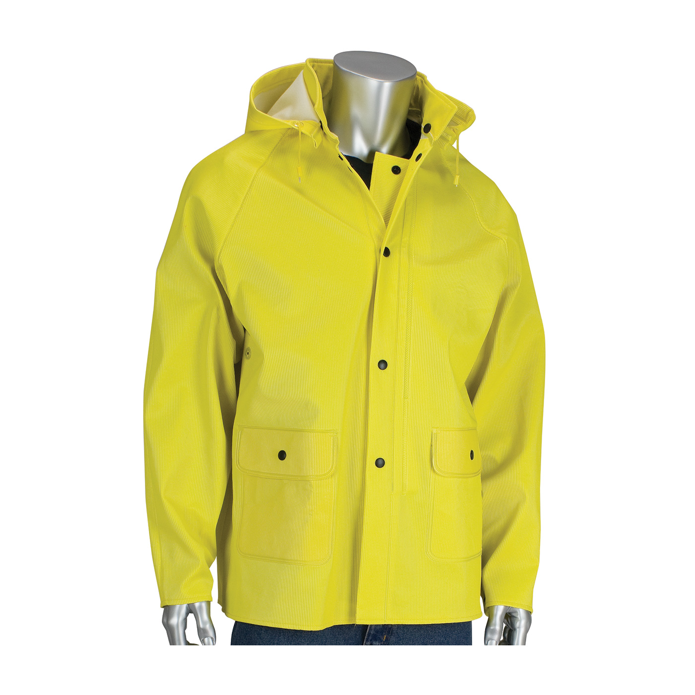 PIP Flex™ Yellow 0.65mm Ribbed PVC/Polyester Hooded Rain Jacket