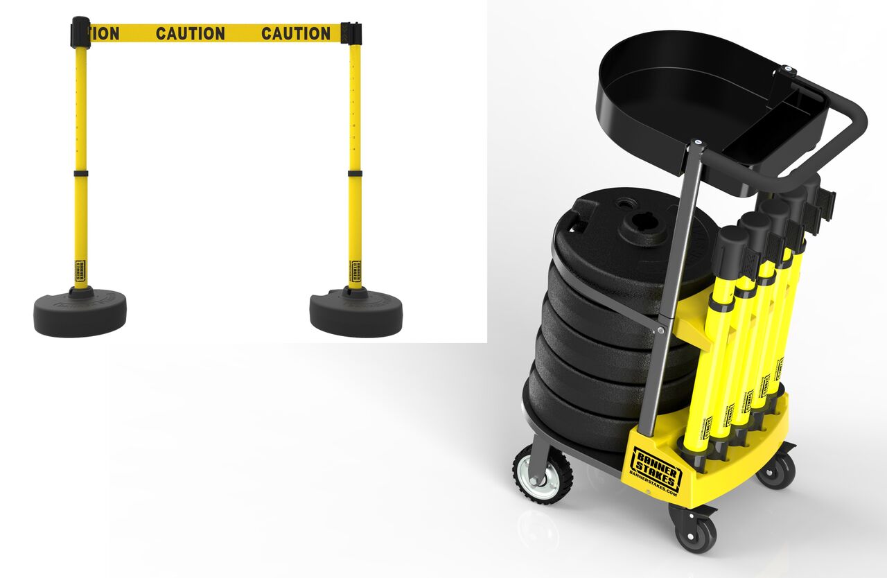 Banner Stakes Plus Cart Package With Tray & Yellow, Double-Sided "Caution" Banner