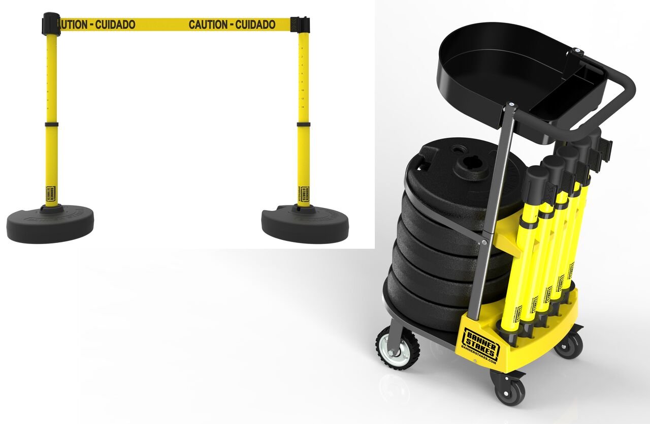 Banner Stakes Plus Cart Package With Tray & Yellow "Caution-Cuidado" Banner