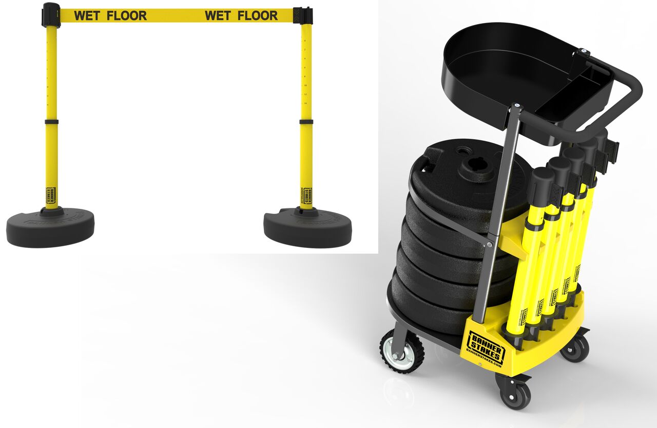 Banner Stakes Plus Cart Package With Tray & Yellow "Wet Floor" Banner