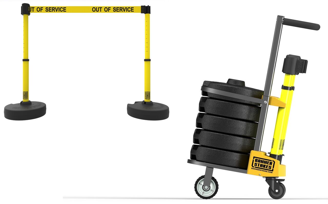 Banner Stakes Plus Cart Package With Yellow "Out Of Service" Banner