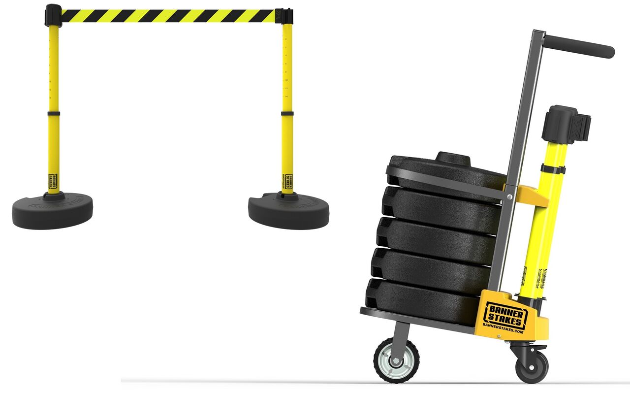 Banner Stakes Plus Cart Package With Yellow/Black Diagonal Striped Banner