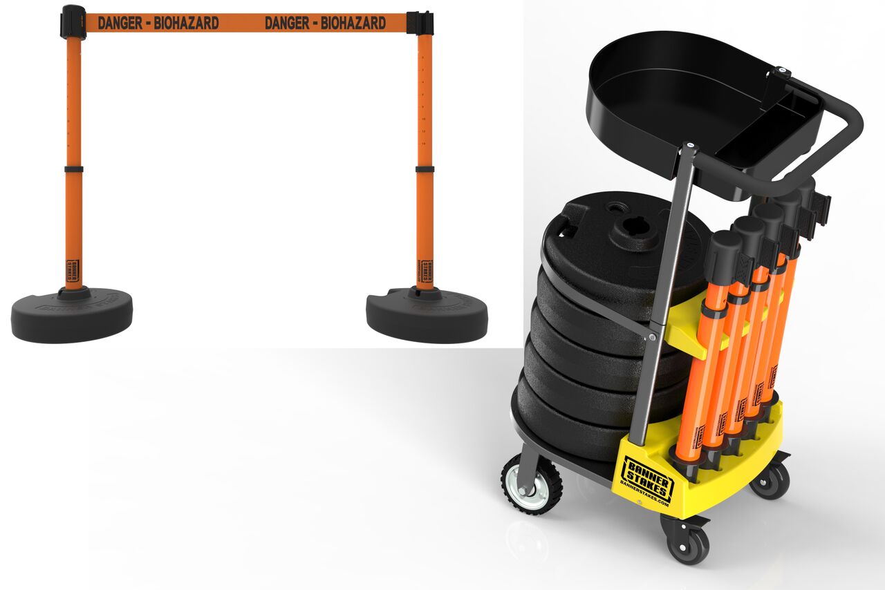 Banner Stakes Plus Cart Package With Tray & Orange "Danger - Biohazard" Banner