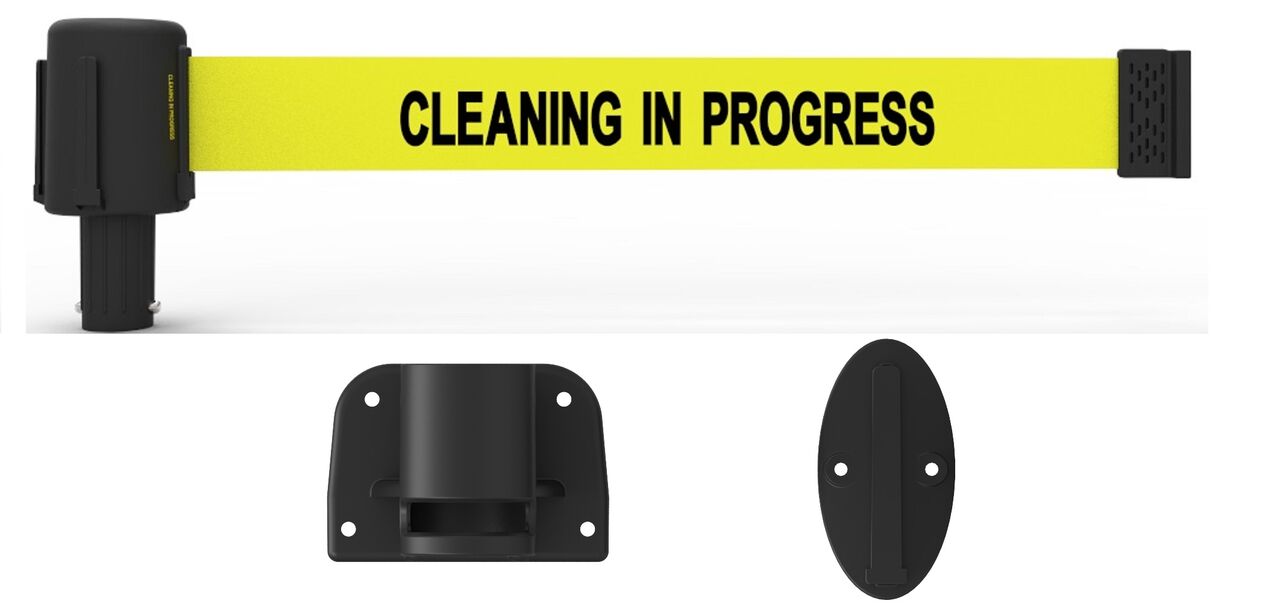 Banner Stakes Plus Wall Mount System With Yellow "Cleaning in Progress" Banner