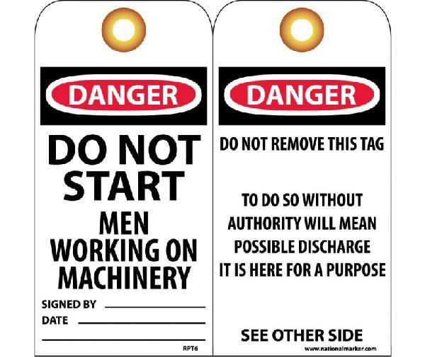 DANGER DO NOT START MEN WORKING ON MACHINERY TAG