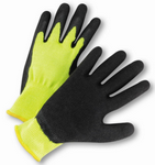 West Chester Hi-Viz Black Crinkle Latex Coated Palm Green String Knit Gloves