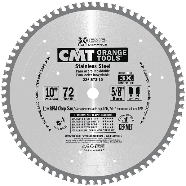 CMT 10 x 72T x 5/8 Industrial Stainless Steel Tungsten Carbide Tipped Circular Saw Blade